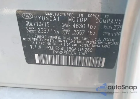 2016 Hyundai Sonata Hybrid Limited z USA, uszkodzony, nr VIN KMHE34L18GA019260
